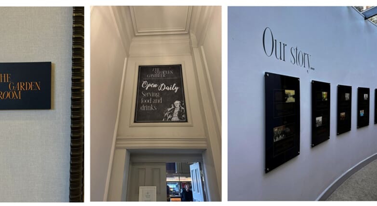 A collage of the interior signage for the Milner Hotel, some of which shows the story of the hotel while other capture the hotel's directional signage.